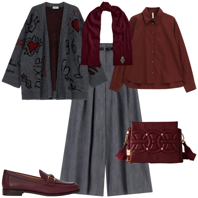 Outfit donna - Total look #2288490. Stile Casual chic per Tutti i giorni. Abbinamento con pantaloni a palazzo, camicie, cardigans, borse a tracolla, sciarpe, mocassini.