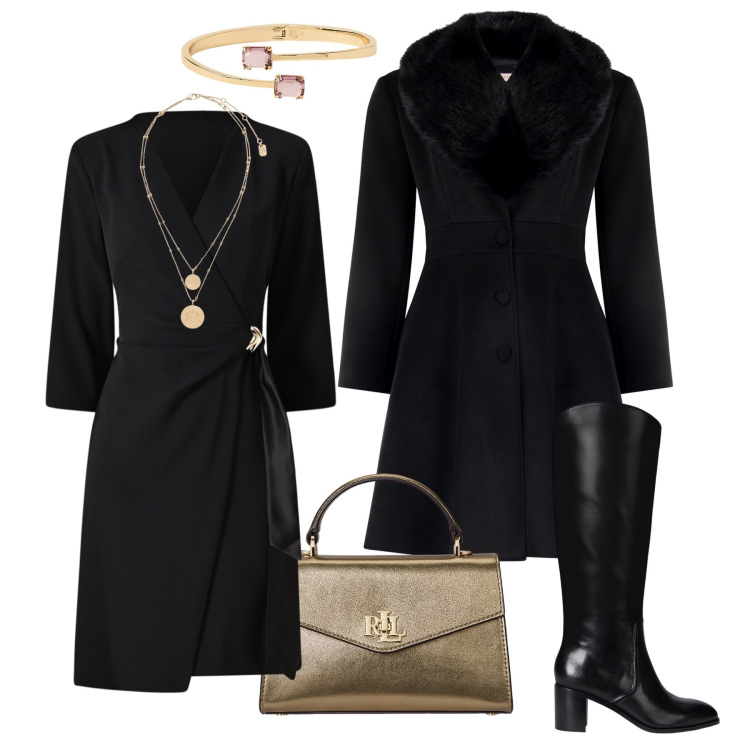 Outfit donna - Nero chic di sera. Stile Chic per Serata fuori. Abbinamento con vestiti corti, cappotti, stivali, ciondoli, borse a mano, braccialetti.