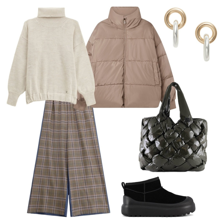 Outfit donna - Quadri, panna e nero in ufficio. Stile Casual chic per Ufficio. Abbinamento con pantaloni a palazzo, maglieria, bomber, orecchini, borse tote, stivali.