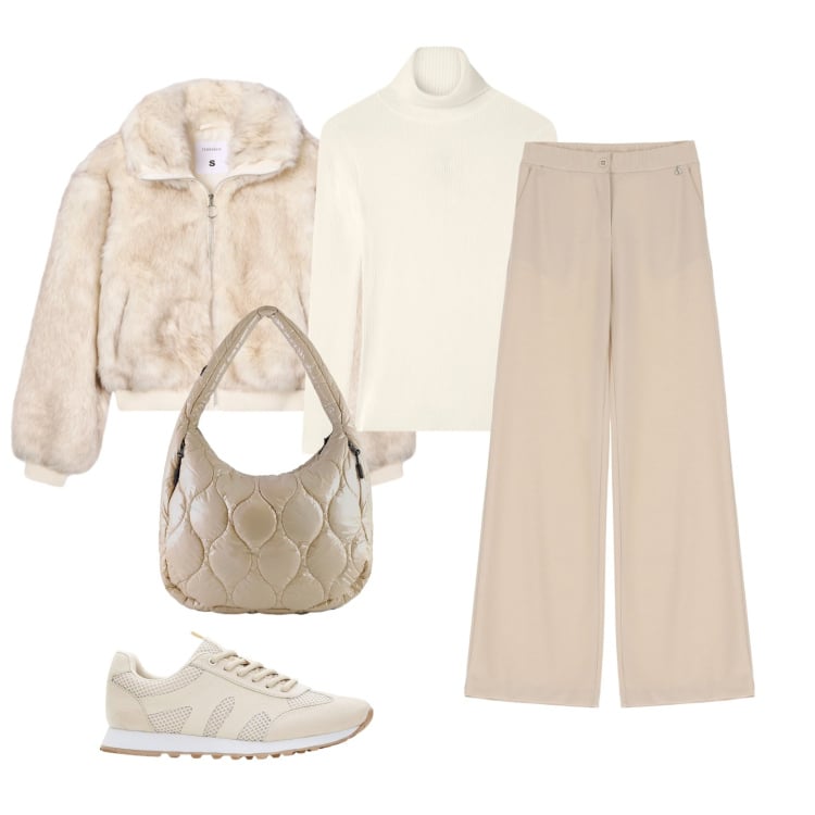 Outfit donna - In città con stile. Stile Glamour per Tutti i giorni. Abbinamento con sneakers, ecopellicce, maglieria, borse tote, pantaloni.
