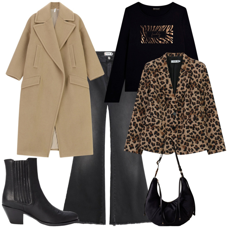 Outfit donna - Trendy ogni giorno. Stile Trendy per Tutti i giorni. Abbinamento con blazer, jeans a zampa, cappotti, t-shirt, borse a spalla, stivaletti texani.