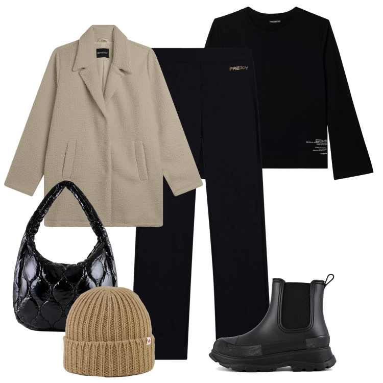 Outfit donna - Giornate di pioggia. Stile Sporty chic per Tutti i giorni. Abbinamento con pantaloni, cappotti, felpe, borse tote, cappelli, stivali.