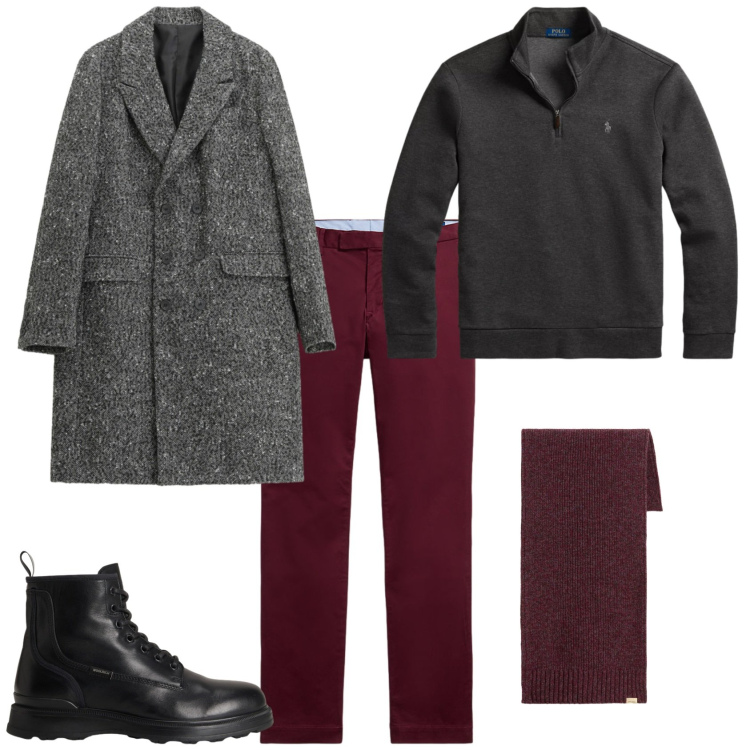 Outfit uomo - Casual ogni giorno. Stile Casual per Tutti i giorni. Abbinamento con cappotti, pantaloni, pullovers, anfibi, sciarpe.