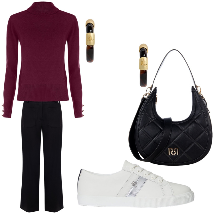 Outfit donna - Aperitivo. Stile Trendy per Tutti i giorni. Abbinamento con borse a tracolla, pantaloni, pullovers, orecchini, sneakers.