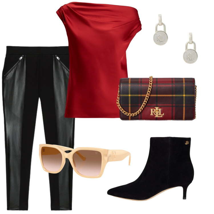 Outfit donna - Total look #2288536. Stile Glamour per Serata fuori. Abbinamento con orecchini, occhiali da sole, top, borse a mano, stivaletti, leggings.