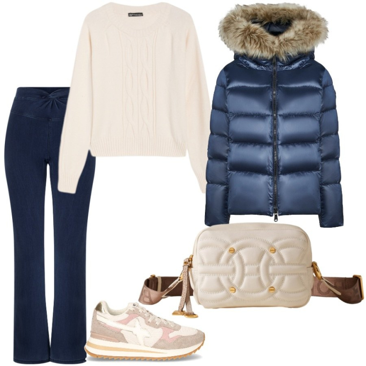 Outfit donna - Commissioni. Stile Sporty chic per Tutti i giorni. Abbinamento con borse a tracolla, maglieria, jeggings, piumini, sneakers.