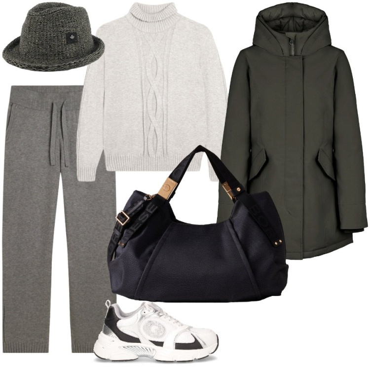Outfit donna - Sporty chic ton sur ton grigio. Stile Sporty chic per Tutti i giorni. Abbinamento con borse a mano, pantaloni, maglieria, eskimo, cappelli, sneakers.