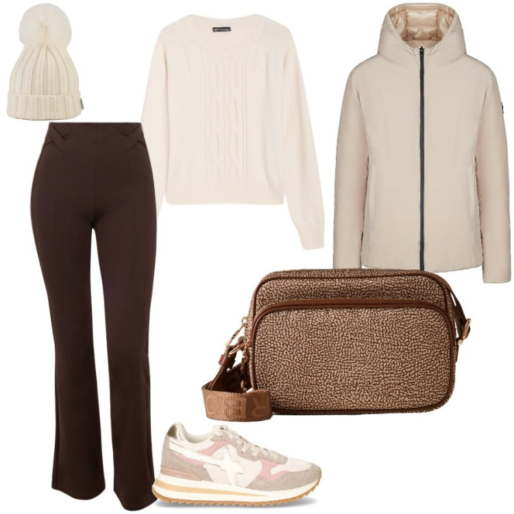 Outfit donna - Outfit caldo con colori neutri. Stile Sporty chic per Tutti i giorni. Abbinamento con borse a tracolla, maglieria, pantaloni skinny, piumini, berretti, sneakers.