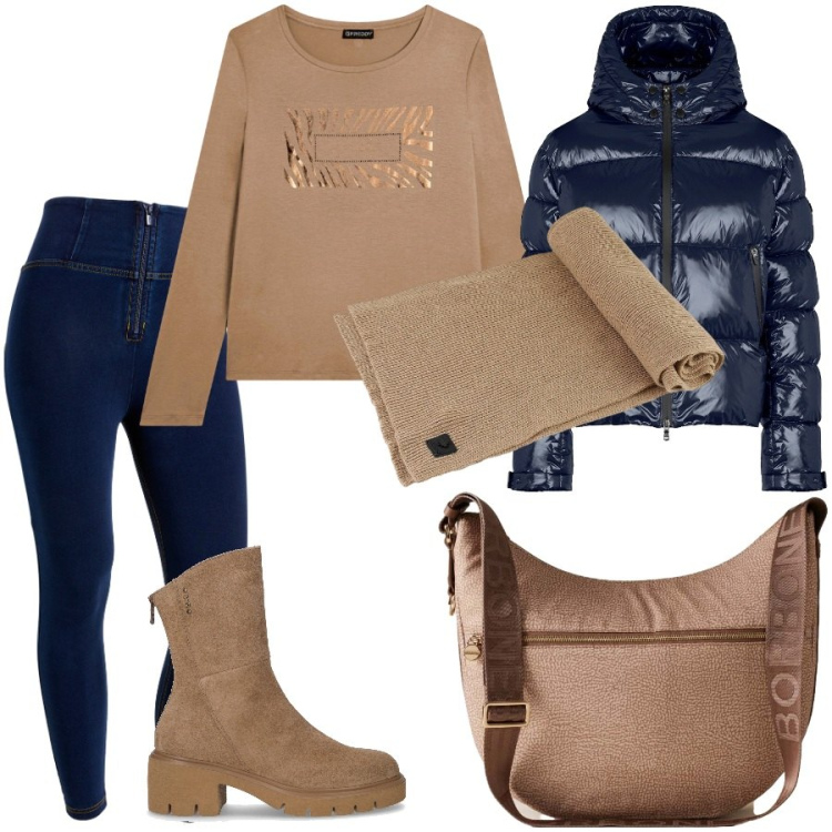 Outfit donna - Con il bomber blu. Stile Sporty chic per Tutti i giorni. Abbinamento con borse a tracolla, jeggings, t-shirt, piumini, sciarpe, stivaletti.