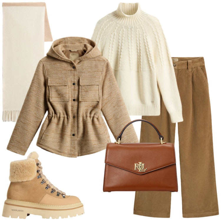 Outfit donna - Qualcosa di velluto. Stile Casual per Tutti i giorni. Abbinamento con borse a mano, blazer, sciarpe, maglieria, pantaloni, stivaletti.