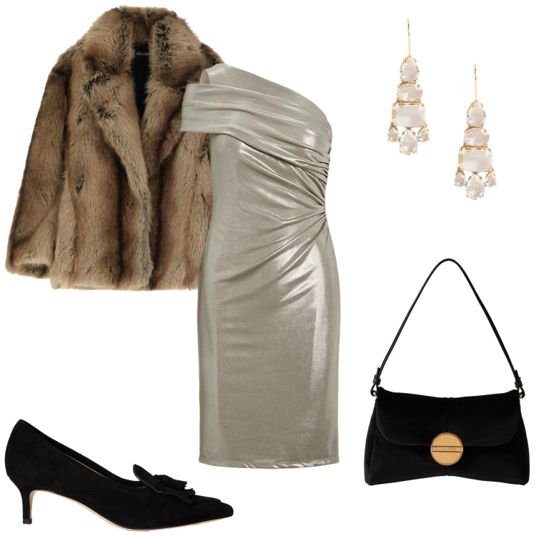 Outfit donna - Serata con stile. Stile Casual chic per Serata fuori. Abbinamento con borse a tracolla, vestiti corti, vestiti asimmetrici, orecchini, décolleté.