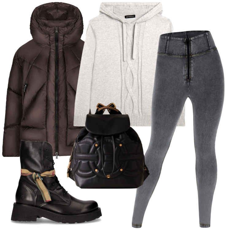 Outfit donna - Commissioni sotto la pioggia. Stile Sporty chic per Tutti i giorni. Abbinamento con zaini, maglieria, jeggings, piumini, anfibi.