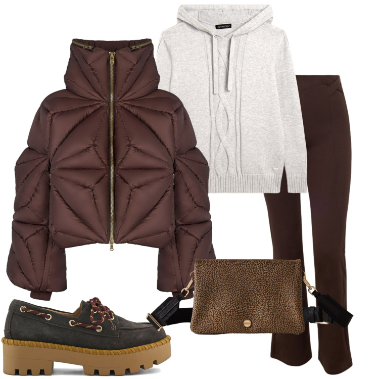 Outfit donna - Sporty chic autunnale. Stile Sporty chic per Tutti i giorni. Abbinamento con borse a tracolla, maglieria, pantaloni skinny, piumini, mocassini.