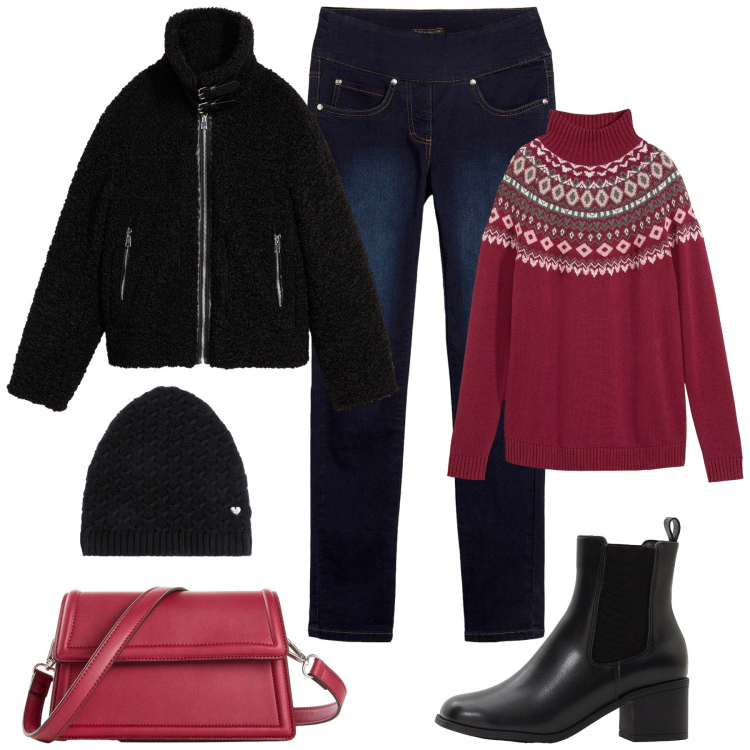 Outfit donna - Day to Night con Bonprix. Stile Casual per Tutti i giorni. Abbinamento con jeans dritti, ecopellicce, stivaletti, berretti, maglieria, borse a tracolla.