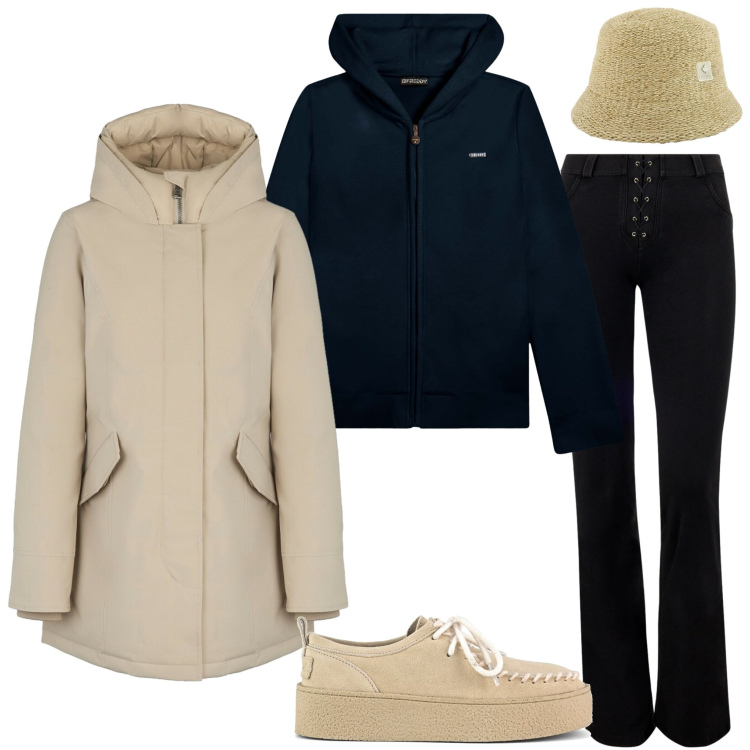 Outfit donna - Sporty chic autunnale. Stile Sporty chic per Tutti i giorni. Abbinamento con felpe con cappuccio, jeans skinny, cappelli, eskimo, mocassini.