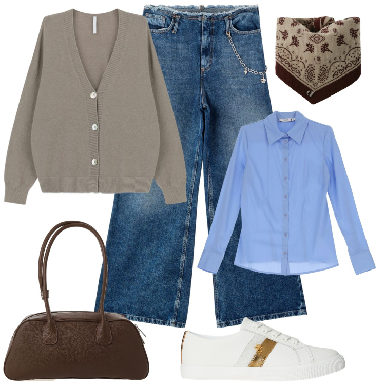 Outfit donna - Il mese del cardigan. Stile Casual per Tutti i giorni. Abbinamento con camicie, jeans dritti, cardigans, borse a mano, foulard, sneakers.