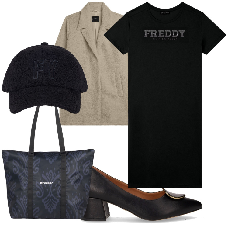 Outfit donna - La visiera contro la pioggia. Stile Basic per Tutti i giorni. Abbinamento con cappotti, shopping bag, vestiti, cappelli con visiera, décolleté.