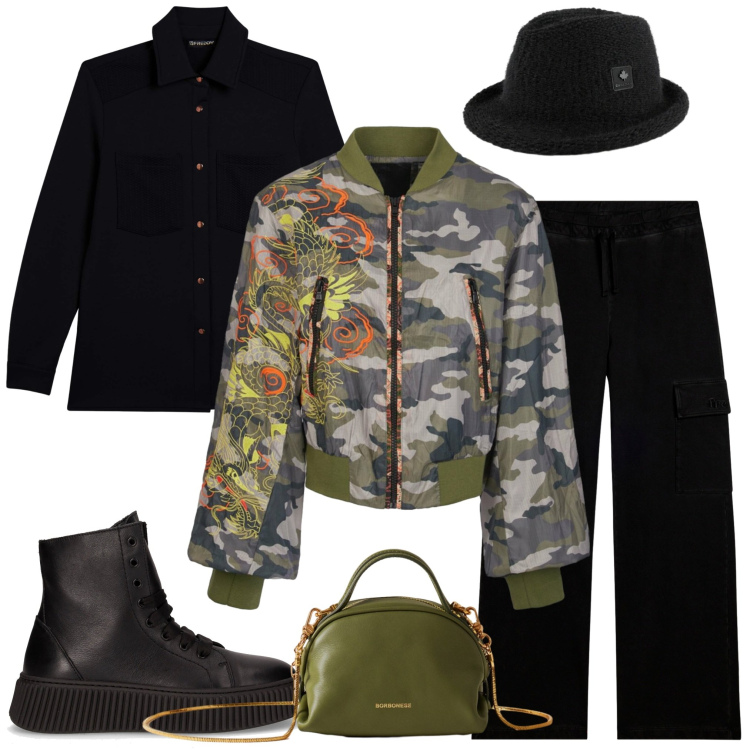 Outfit donna - Sporty chic autunnale. Stile Sporty chic per Tutti i giorni. Abbinamento con borse a mano, pantaloni cargo, camicie, cappelli, bomber, anfibi.