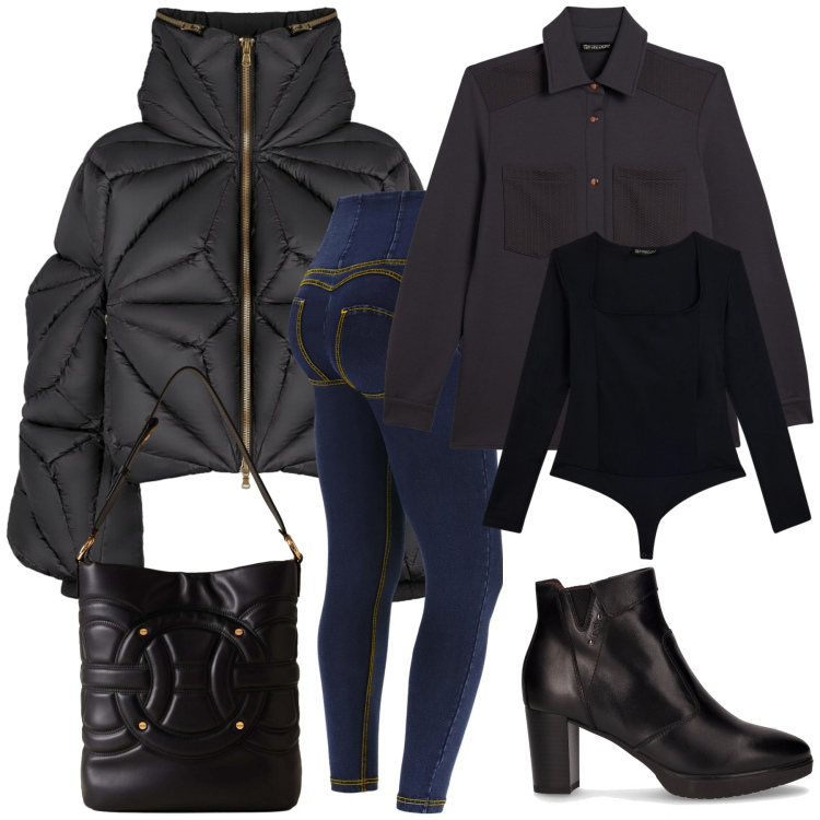 Outfit donna - Sportiva e elegante se piove. Stile Sporty chic per Tutti i giorni. Abbinamento con borse a secchiello, jeans skinny, camicie, body, piumini, stivaletti.