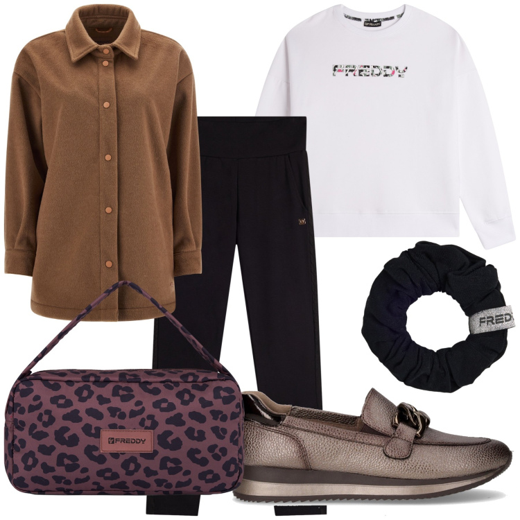 Outfit donna - Se piove. Stile Trendy per Tutti i giorni. Abbinamento con cappotti, felpe con cappuccio, pantaloni, borse a spalla, accessori per capelli, mocassini.