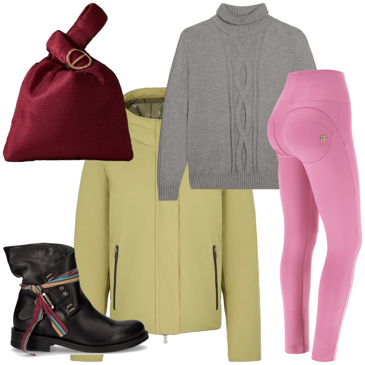 Outfit donna - Pioggia a colori. Stile Sporty chic per Tutti i giorni. Abbinamento con borse a mano, pantaloni skinny, maglieria, parka, anfibi.