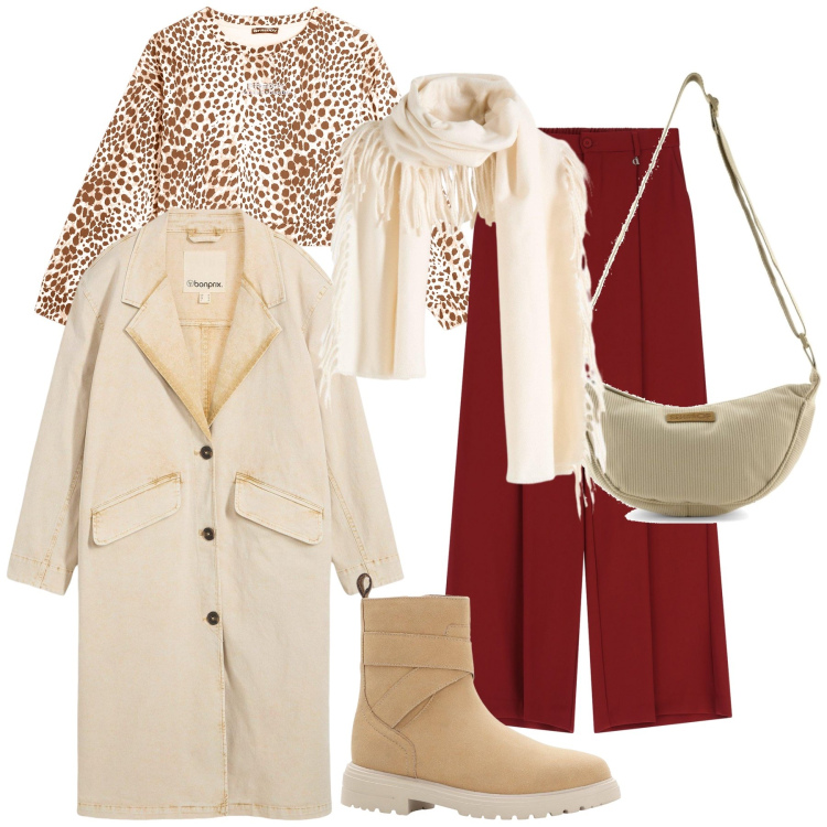 Outfit donna - Ufficio di stagione. Stile Urban per Ufficio. Abbinamento con trench, sciarpe, stivaletti, pantaloni a palazzo, felpe, borse a tracolla.