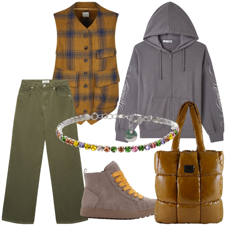 Outfit donna - Sportiva e multicolore. Stile Casual chic per Tutti i giorni. Abbinamento con sneakers alte, jeans, felpe con cappuccio, braccialetti, shopping bag, gilet.