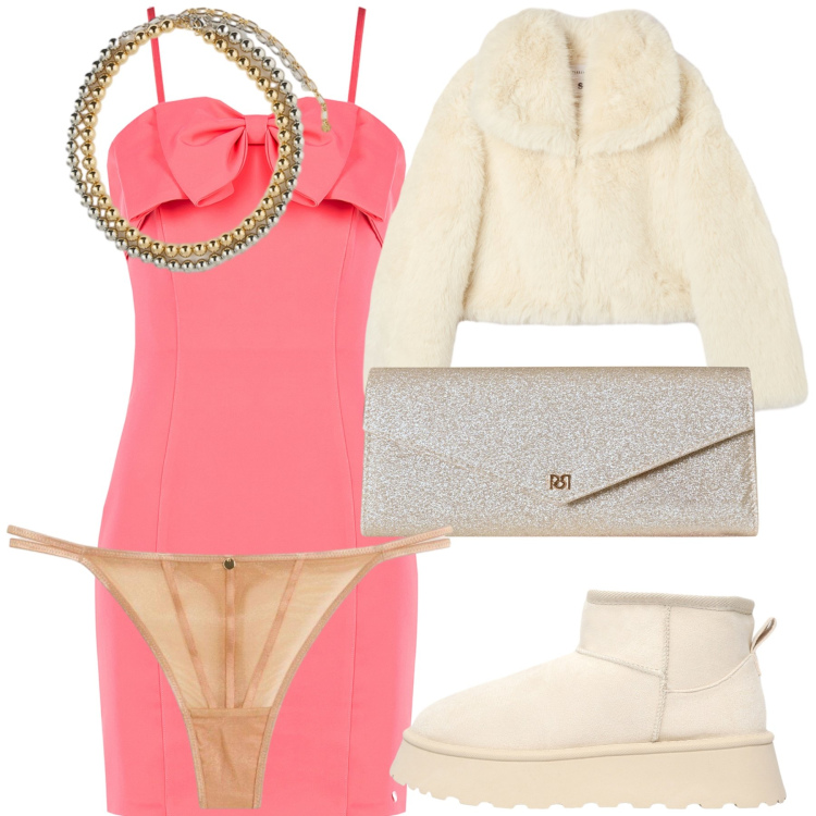 Outfit donna - Festa sotto la neve. Stile Glamour per Serata fuori. Abbinamento con perizomi, pochette, vestiti lunghi, ecopellicce, stivaletti, collane.