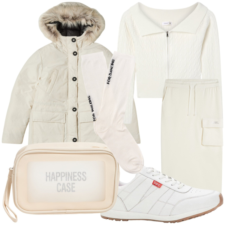 Outfit donna - Happiness è la prima nevicata. Stile Trendy per Tutti i giorni. Abbinamento con sneakers, parka, maglieria, valigie, gonne longuette, calzini.