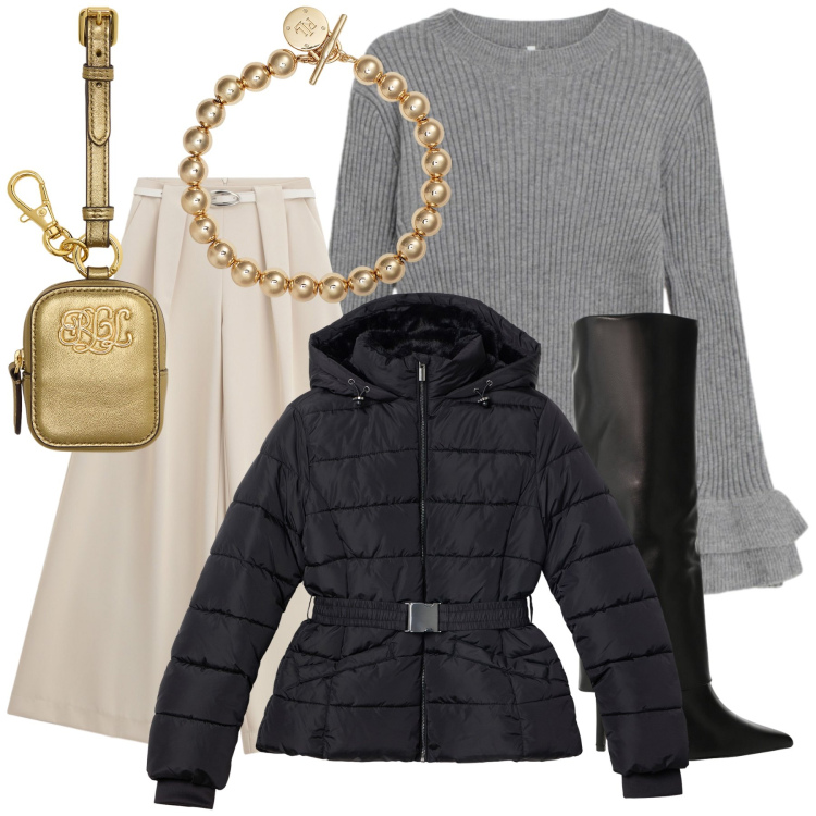 Outfit donna - Ufficio e aperitivo. Stile Glamour per Ufficio. Abbinamento con piumini, pantaloni a palazzo, maglieria, stivali, braccialetti, pochette.