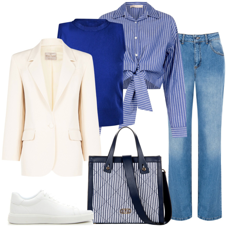 Outfit donna - Un novembre a righe. Stile Casual per Scuola/Università. Abbinamento con jeans, maglieria, camicie, shopping bag, blazer, sneakers.