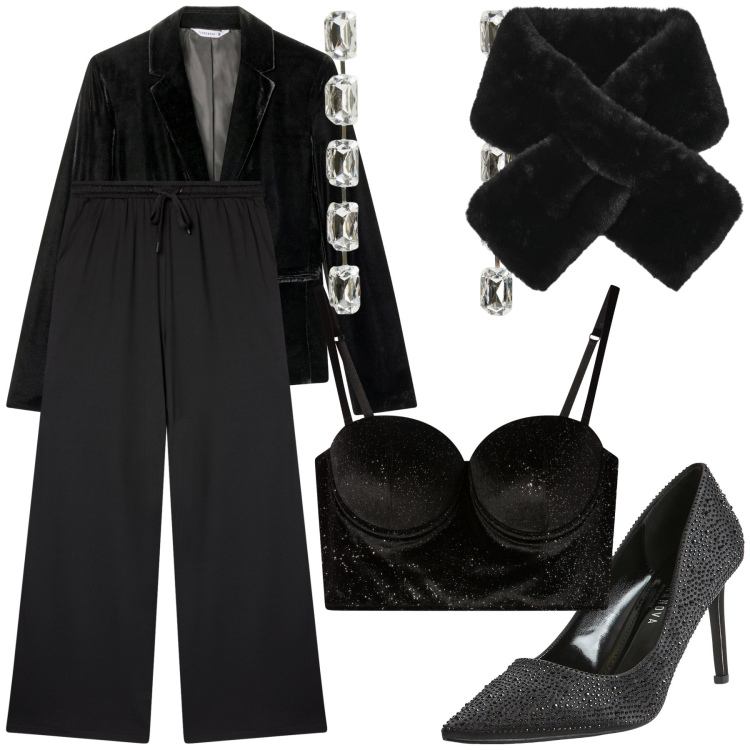 Outfit donna - Smoking. Stile Glamour per Serata fuori. Abbinamento con pantaloni, décolleté, sciarpe, bralette, blazer, orecchini.