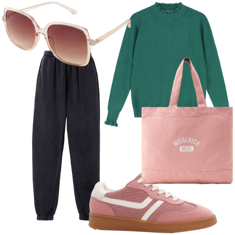 Outfit donna - Green and pink. Stile Casual per Tutti i giorni. Abbinamento con occhiali da sole, sneakers, pantaloni, maglieria, borse tote.
