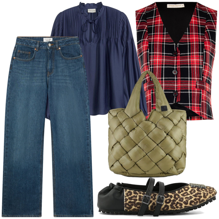 Outfit donna - Originale e un po’ eccentrica. Stile Trendy per Tutti i giorni. Abbinamento con bluse, gilet, jeans, borse tote, ballerine.