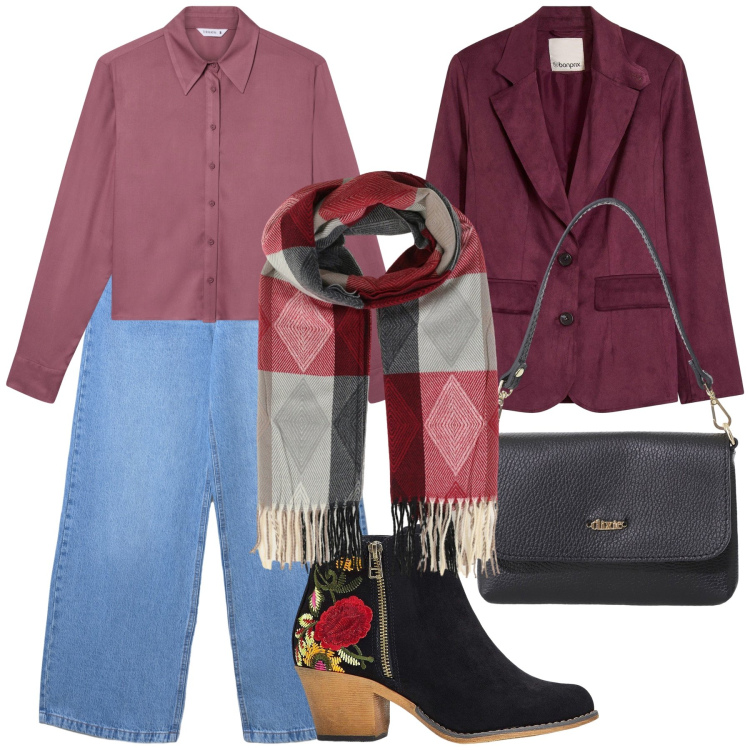 Outfit donna - Appuntamento in piazza. Stile Sporty chic per Tutti i giorni. Abbinamento con stivaletti, blazer, sciarpe, camicie, jeans, borse a tracolla.