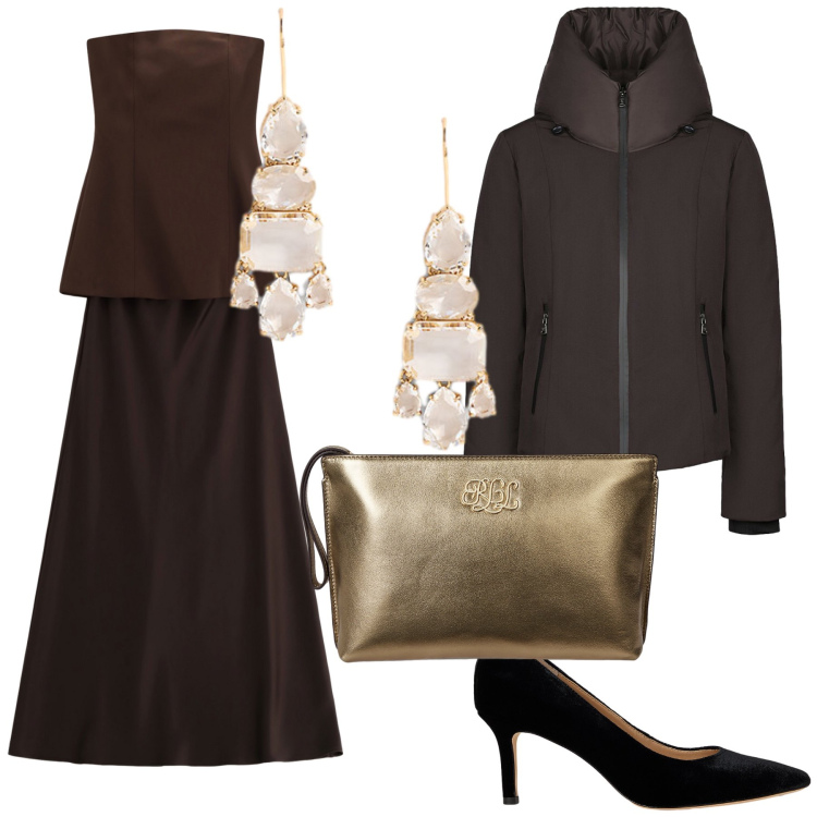 Outfit donna - Semplicemente serata wow. Stile Chic per Serata fuori. Abbinamento con vestiti lunghi, orecchini, pochette, décolleté, blazer.