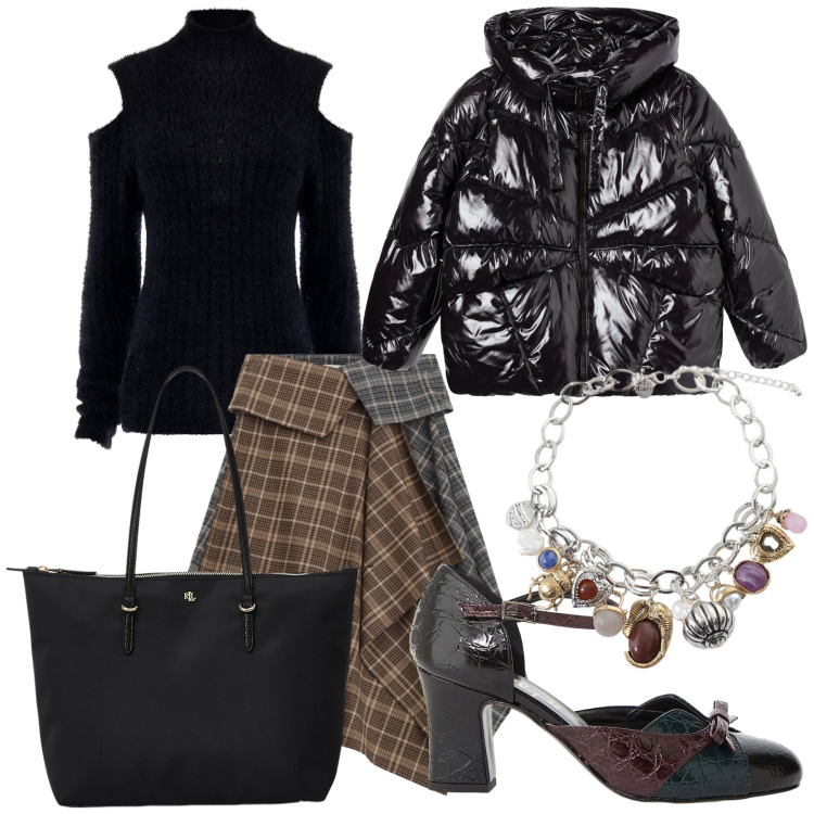 Outfit donna - A pranzo fuori. Stile Urban per Tutti i giorni. Abbinamento con maglieria, bomber, minigonne, décolleté, braccialetti con ciondoli, borse tote.
