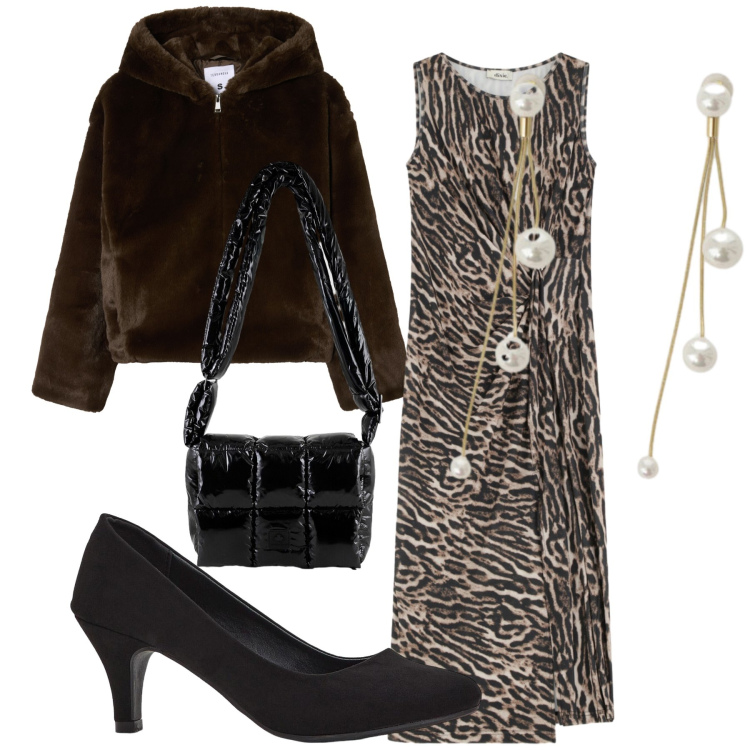 Outfit donna - Perle sul maculato. Stile Trendy per Serata fuori. Abbinamento con décolleté, ecopellicce, orecchini, vestiti midi/longuette, borse a spalla.