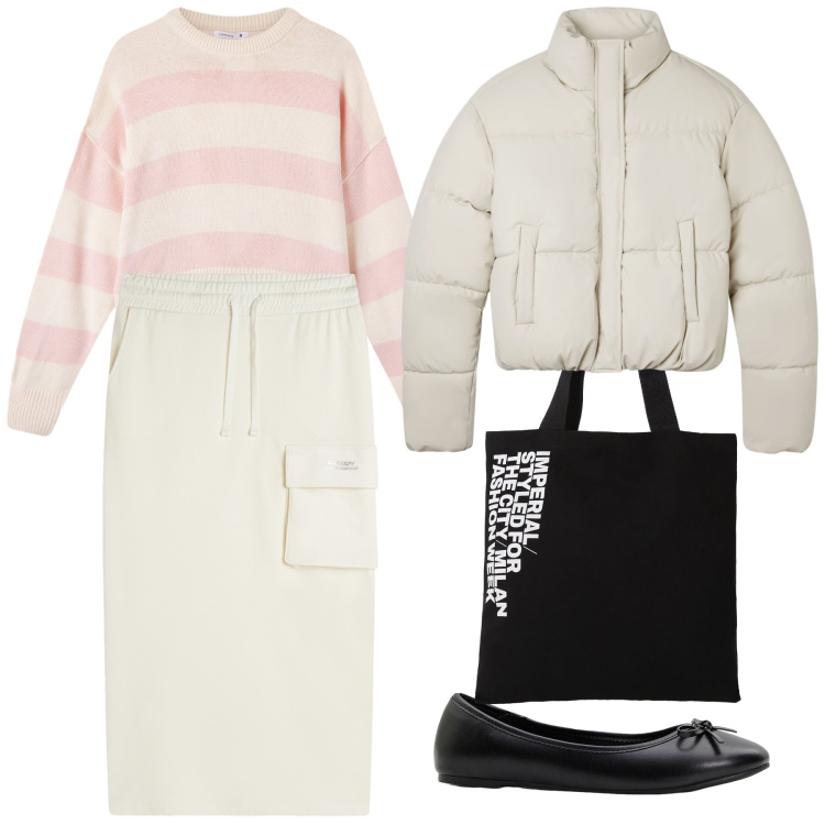 Outfit donna - Tutto il giorno. Stile Basic per Tutti i giorni. Abbinamento con ballerine, bomber, maglieria, shopping bag, gonne longuette.