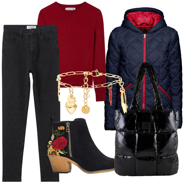 Outfit donna - Good luck. Stile Trendy per Tutti i giorni. Abbinamento con blazer, stivaletti, jeans skinny, maglieria, braccialetti, shopping bag.