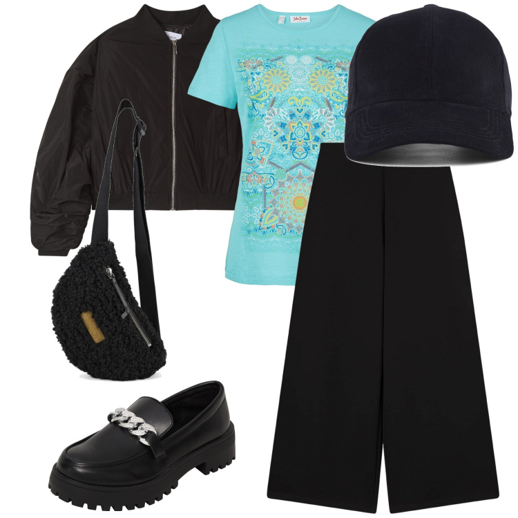 Outfit donna - T-shirt color Tiffany. Stile Basic per Tutti i giorni. Abbinamento con t-shirt, pantaloni culotte, mocassini, bomber, marsupi, cappelli con visiera.