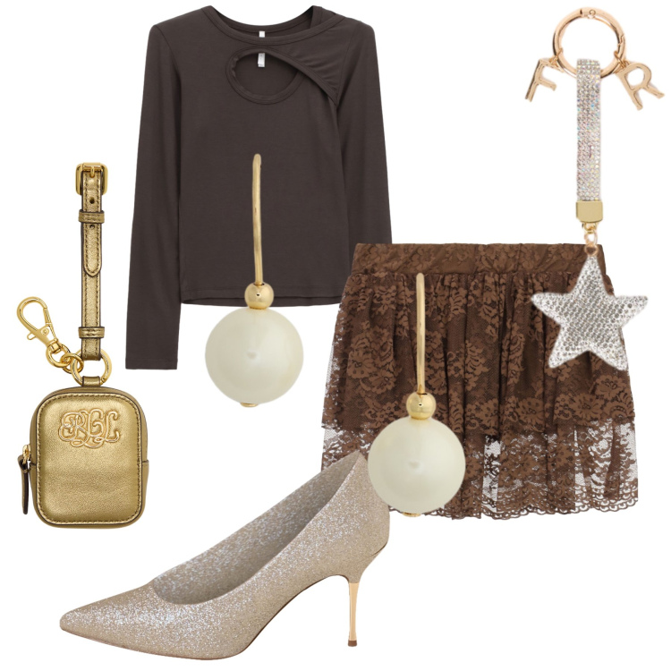Outfit donna - Sotto una buona stella. Stile Glamour per Serata fuori. Abbinamento con décolleté, maglieria, minigonne, orecchini, pochette, portachiavi.