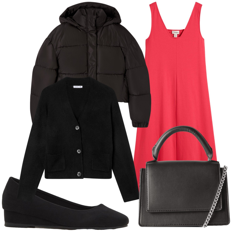 Outfit donna - Un abito allegro per il lavoro. Stile Urban per Ufficio. Abbinamento con vestiti, décolleté, borse a tracolla, bomber, cardigans.