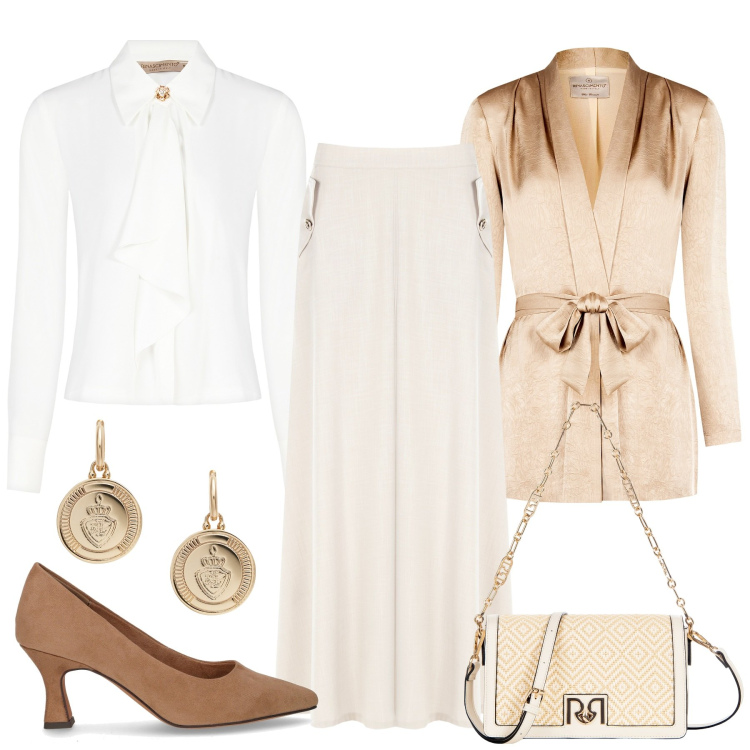 Outfit donna - Raffinata. Stile Chic per Cerimonia. Abbinamento con gonne, borse a tracolla, blazer, bluse, orecchini, décolleté.