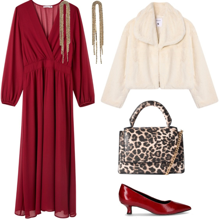 Outfit donna - Serate glam con abito rosso. Stile Glamour per Serata fuori. Abbinamento con orecchini, borse a tracolla, ecopellicce, vestiti lunghi, décolleté.