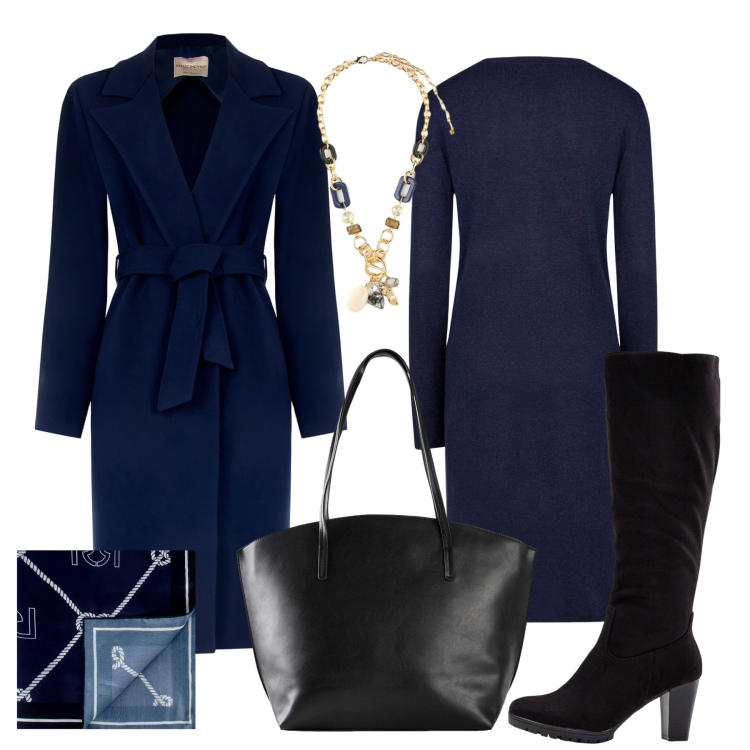 Outfit donna - Blu e nero. Stile Chic per Tutti i giorni. Abbinamento con stivali, shopping bag, cappotti, foulard, vestiti midi/longuette, collane.