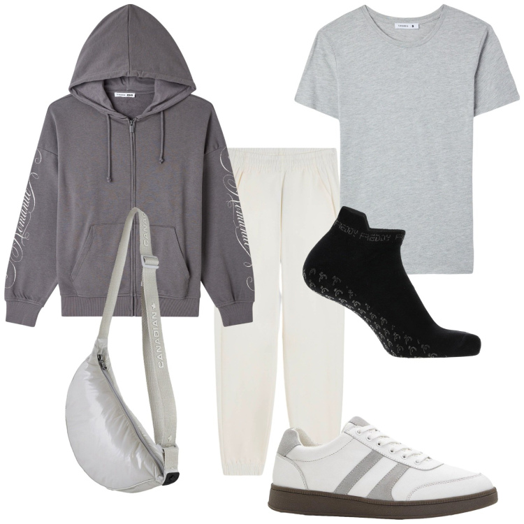 Outfit donna - Lungofiume. Stile Casual per Sport. Abbinamento con sneakers, felpe con cappuccio, t-shirt sportive, calzini, pantaloni sportivi, borse a tracolla.