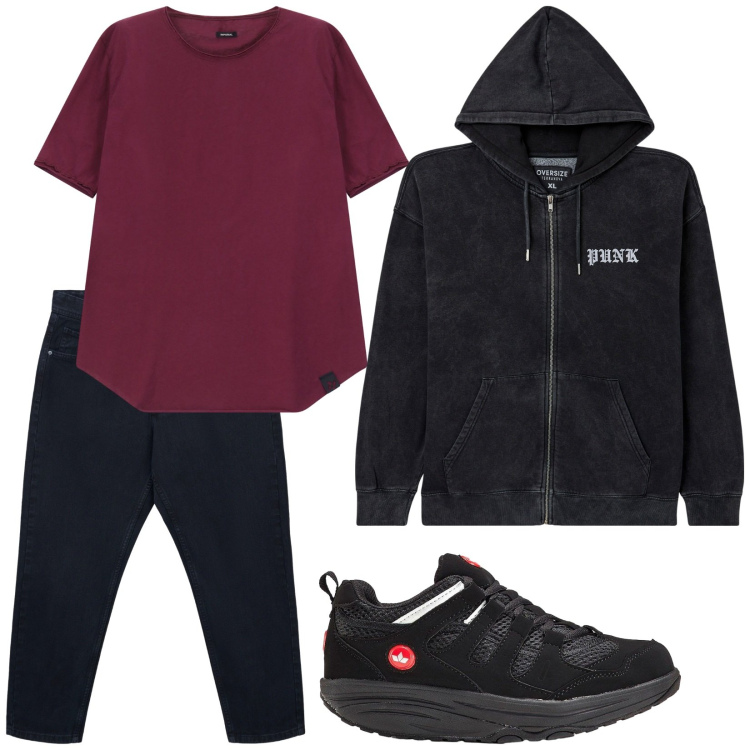 Outfit uomo - Una passeggiata. Stile Casual per Tutti i giorni. Abbinamento con sneakers, felpe con cappuccio, jeans dritti, t-shirt.