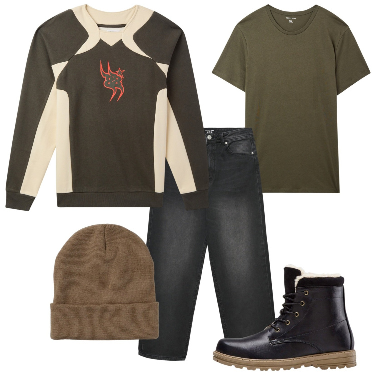 Outfit uomo - Total look #2288597. Stile Urban per Tutti i giorni. Abbinamento con stivali e stivaletti, t-shirt, berretti, jeans dritti, felpe.