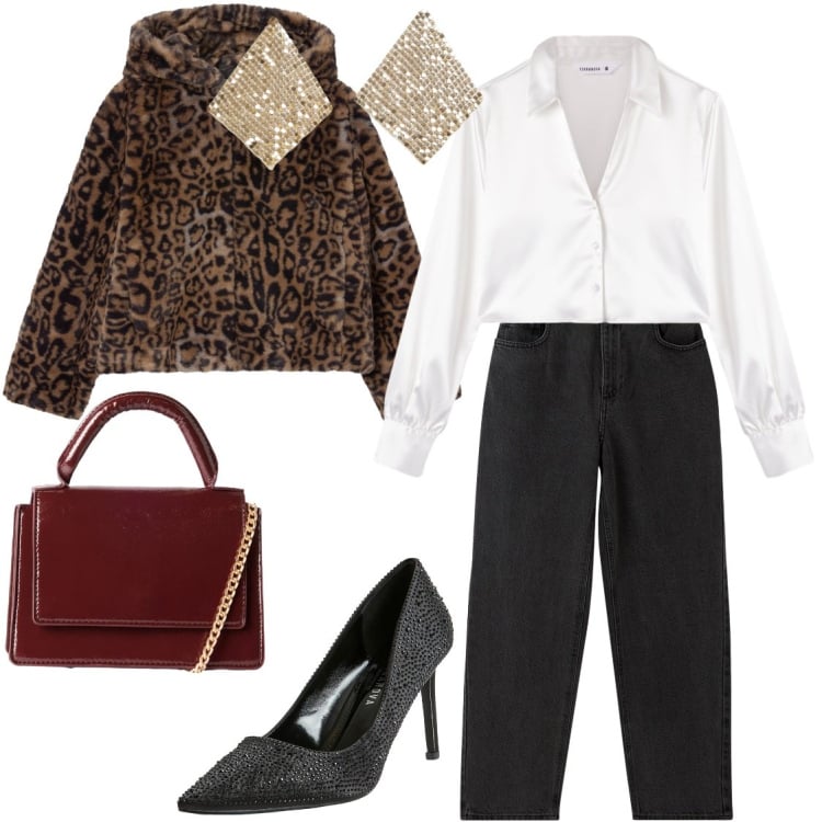 Outfit donna - Il jeans nero. Stile Casual chic per Serata fuori. Abbinamento con camicie, ecopellicce, jeans, décolleté, orecchini, borse a tracolla.